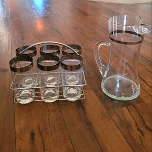 Vintage - MCM Dorothy Thorpe Highball Mercury Band Silver Glasses & Pitcher